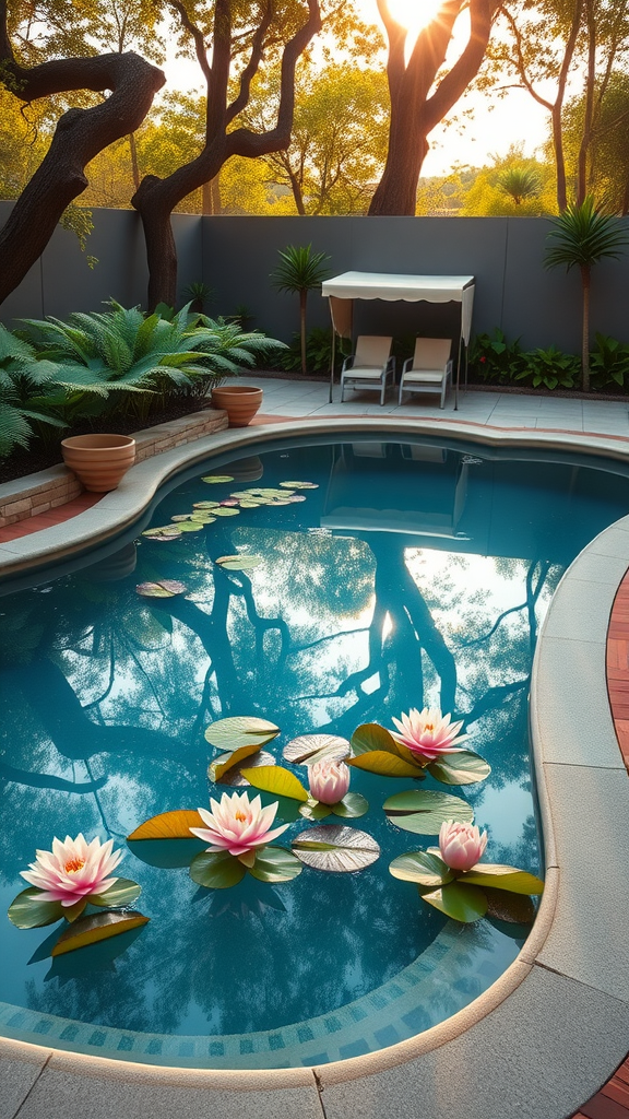 A beautifully designed pool featuring floating water lilies and a bird sculpture, surrounded by lush greenery.