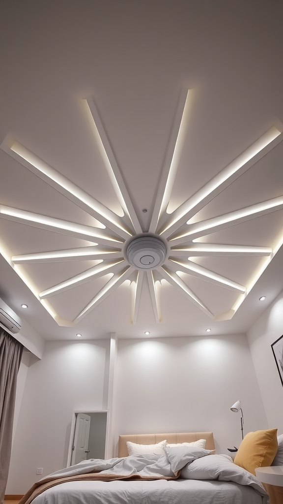 Ceiling with radiating star design and warm lighting in a modern bedroom