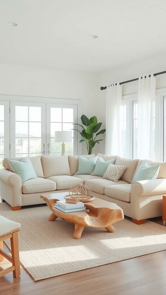 A neutral coastal living room with a light sofa, wooden coffee table, and bright windows.