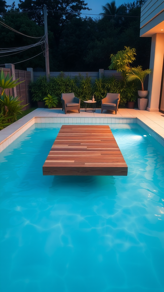 A small pool featuring a floating wooden platform, surrounded by greenery and two chairs.