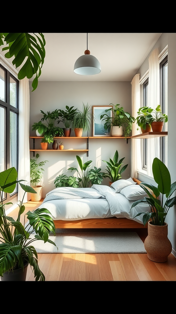 A modern bedroom filled with various houseplants, featuring a cozy bed and wooden shelves.