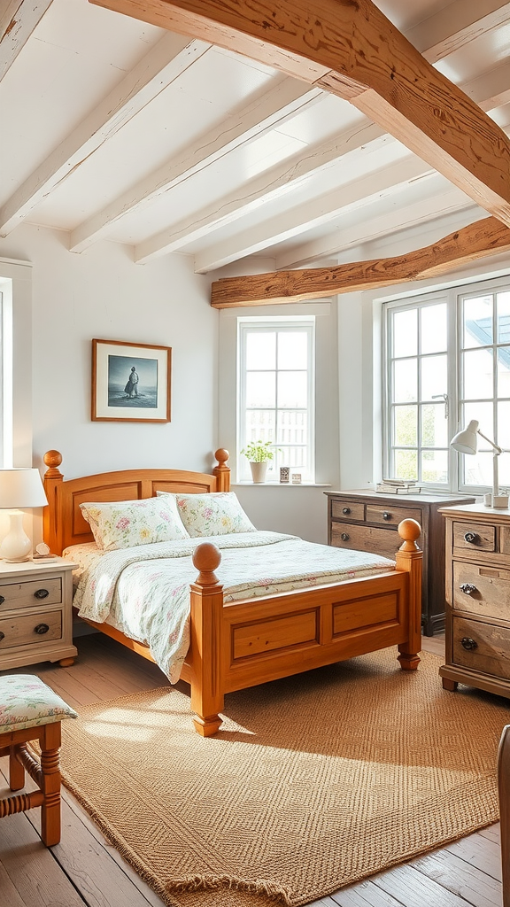 Cozy cottage bedroom with wooden beams and floral bedding.