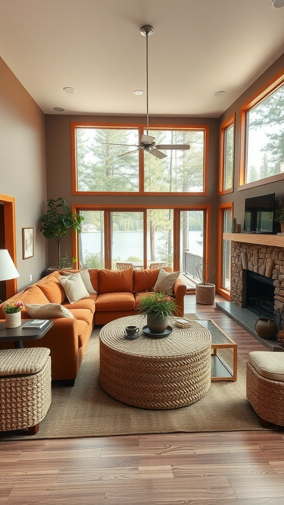 Cozy lake house living room with large windows, orange sofa, and natural decor.