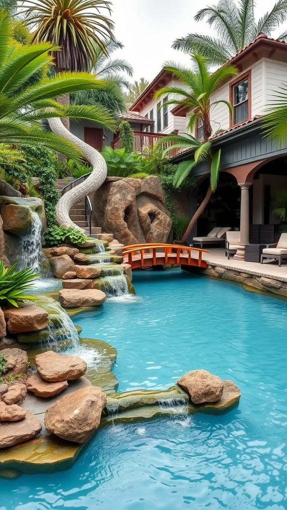 A beautiful backyard lagoon with a bridge and tropical landscaping.