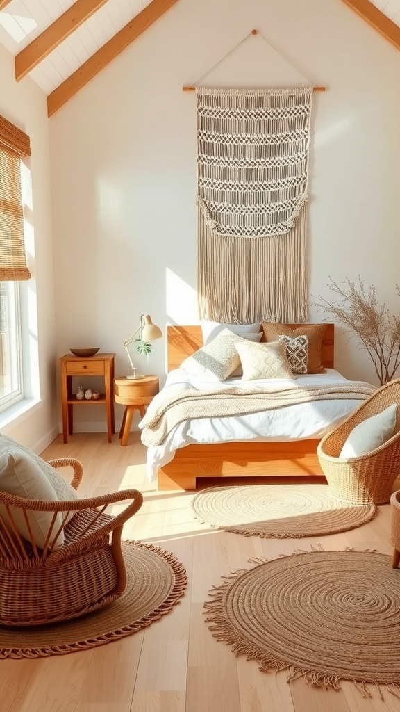 A cozy boho coastal bedroom featuring a wooden bed, macramé wall hanging, and woven chairs.