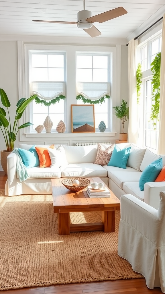 Bright boho coastal living room with white sofa and colorful cushions