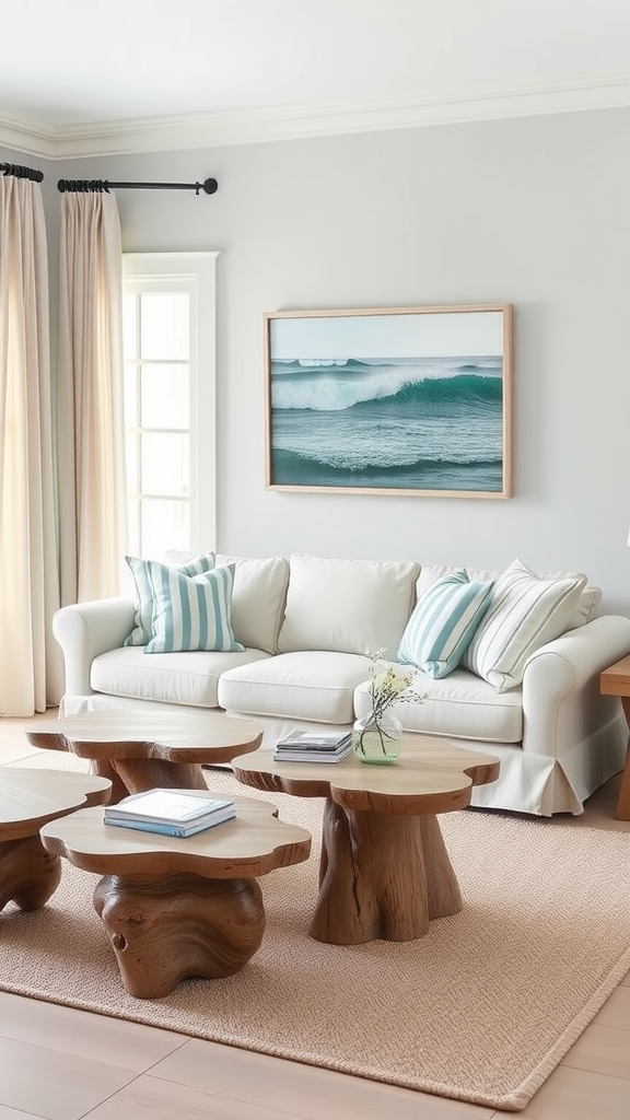 A neutral coastal living room featuring a light grey wall, a comfortable white sofa with striped pillows, unique wooden coffee tables, and ocean artwork.