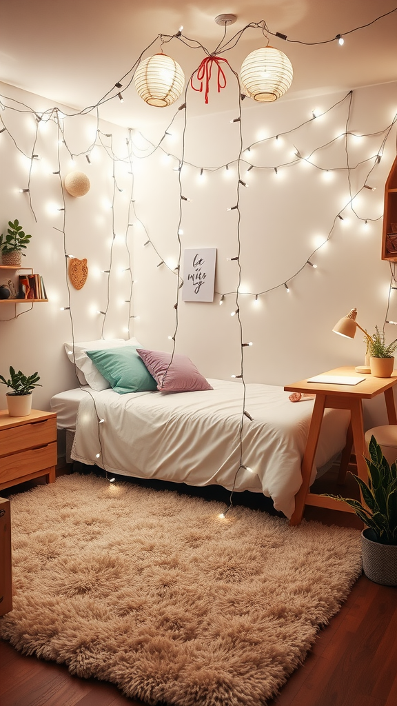 A cozy dorm room featuring fairy lights, colorful pillows, and a fluffy rug.