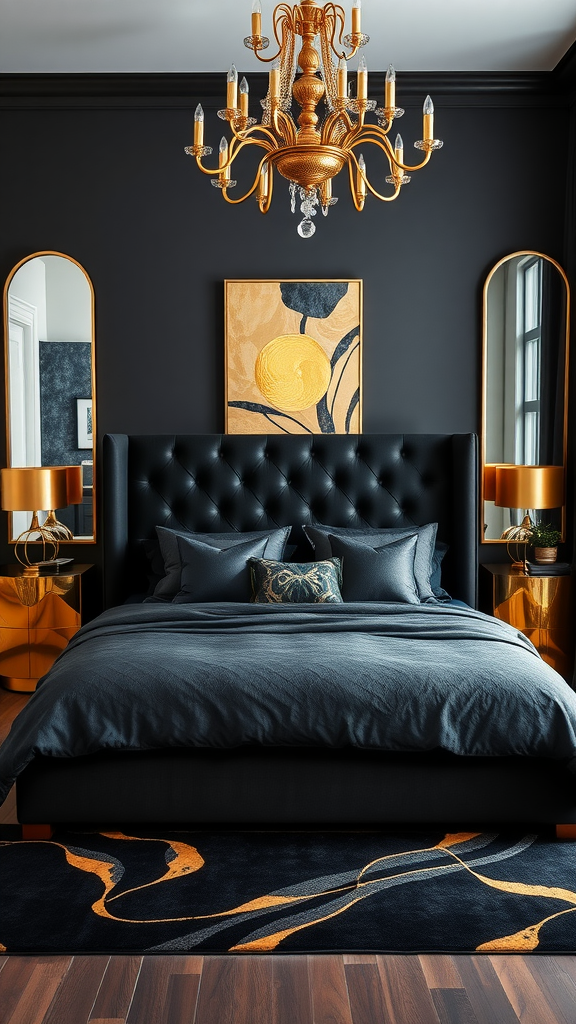 A modern bedroom with a black tufted bed, golden chandelier, and elegant decor in black and gold tones.