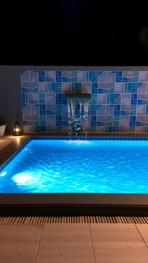 Modern pool with a vibrant tiled wall and a water feature, illuminated at night.