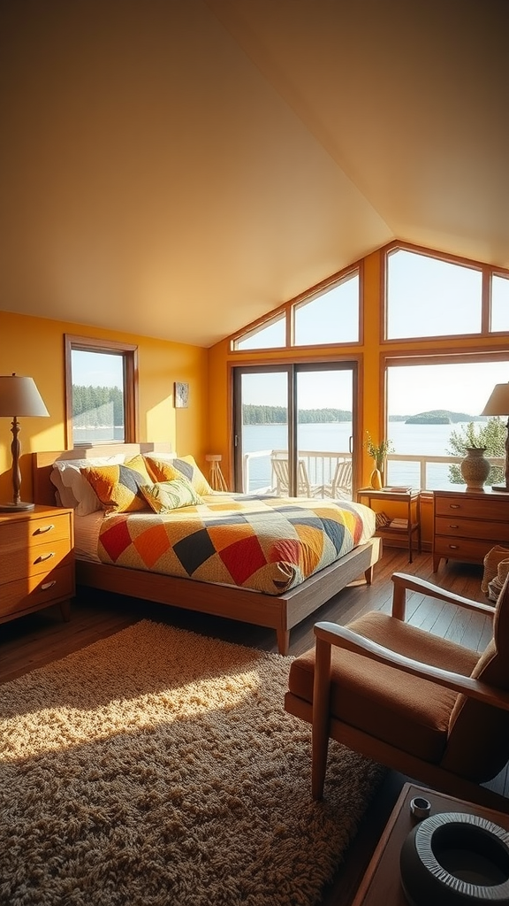 Bright yellow lake house bedroom with retro decor, featuring large windows and a view of the lake.