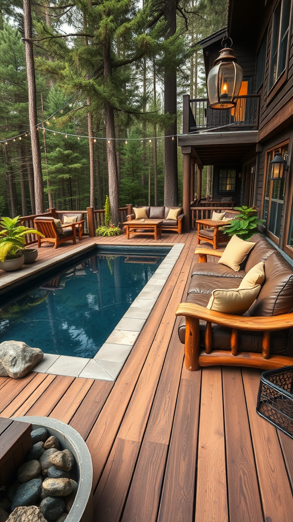 Rustic lodge pool deck with wooden seating, a small pool, and surrounding trees.