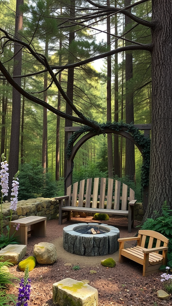 A cozy rustic hippie garden featuring a wooden bench and fire pit, surrounded by trees.