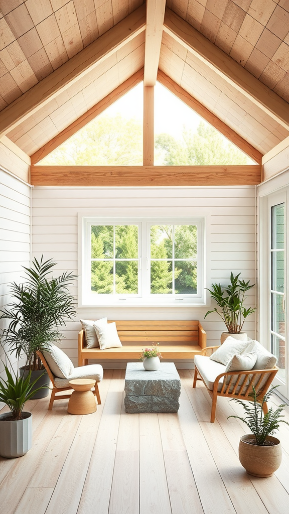 Scandinavian patio with wooden roof, large windows, and plants.