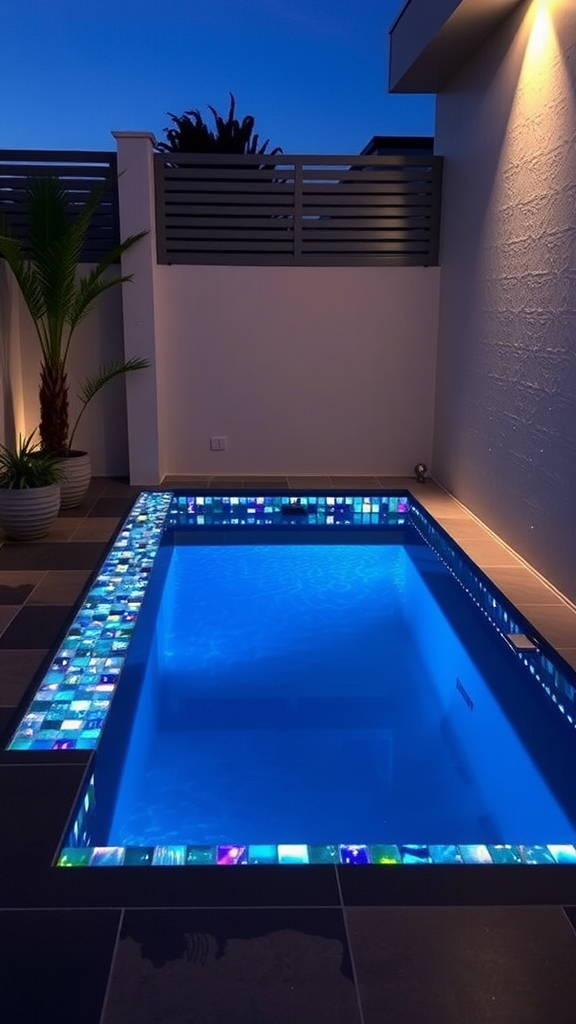 A small pool with colorful glass tile accents and a serene nighttime glow.