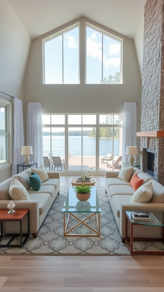 A bright and airy living room with large windows overlooking a lake, featuring light-colored sofas and a modern coffee table.