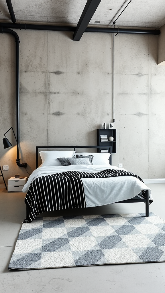 Modern urban chic studio bedroom with a concrete wall and stylish bedding