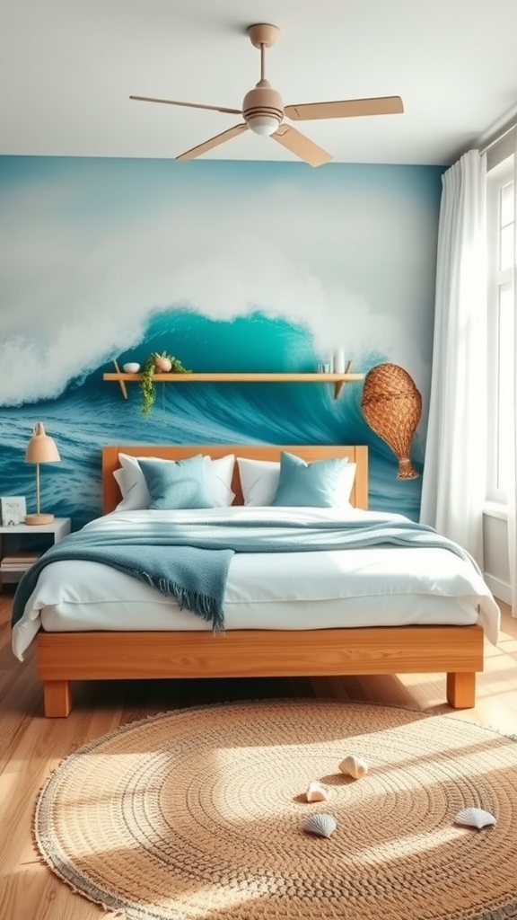 A boho coastal bedroom featuring a large ocean mural, wooden bed, and natural decor.