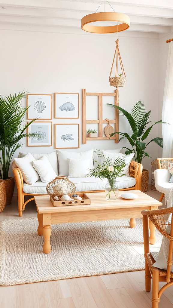 A boho coastal living room featuring light wood accents, plants, and seashell artwork.