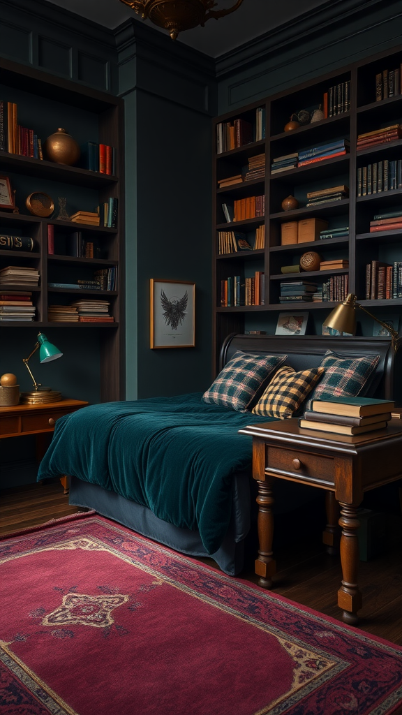 Cozy dark academia dorm room with green walls, a bed with soft blankets, a wooden nightstand, and a bookshelf filled with books.