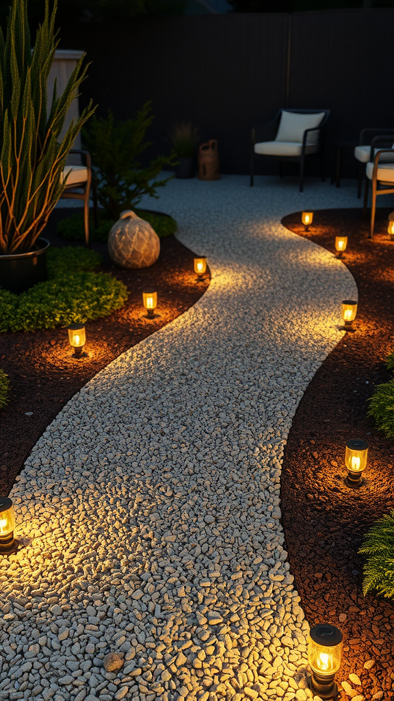 Gravel patio featuring a winding pathway illuminated by lights, surrounded by plants and seating.