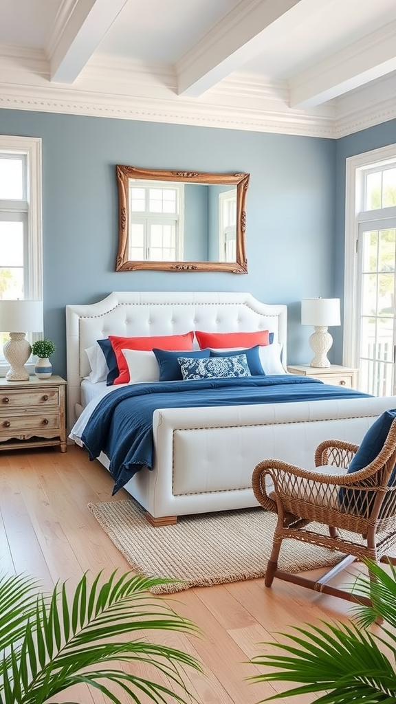 A beautifully designed coastal bedroom featuring blue walls, a plush bed with navy and red accents, a decorative mirror, and natural elements.