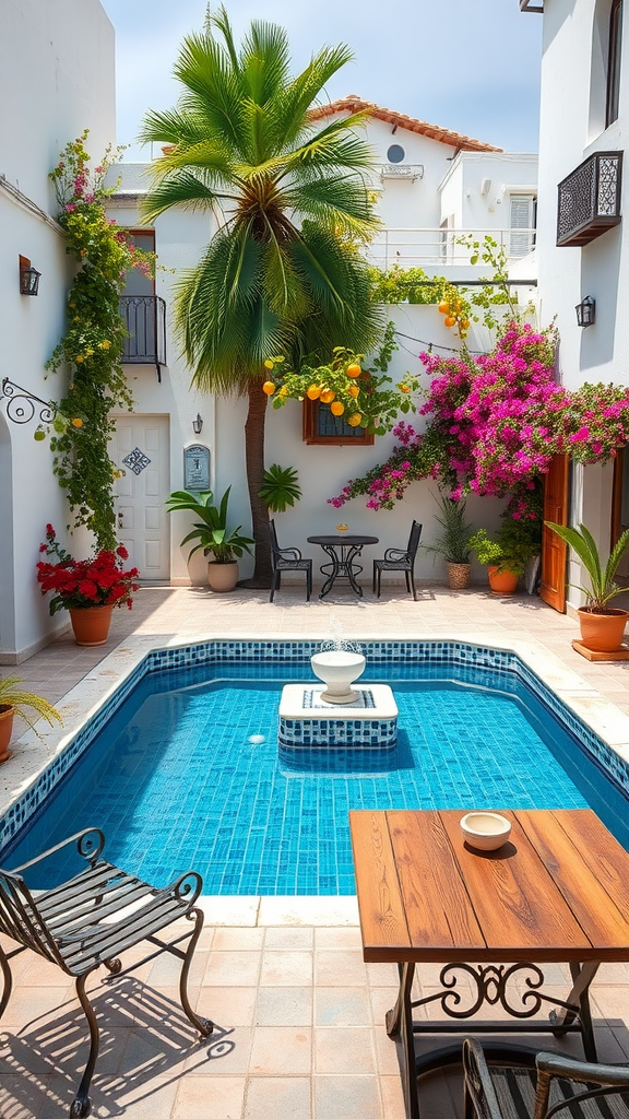 A Mediterranean-style courtyard pool with vibrant flowers, a palm tree, and seating area