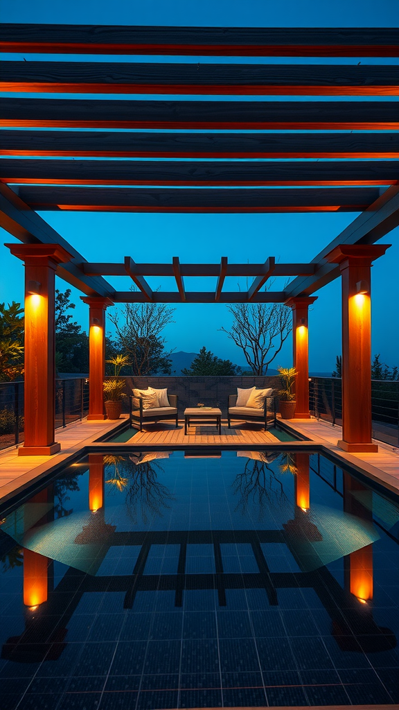 Modern pool with pergola and lounge area illuminated at night