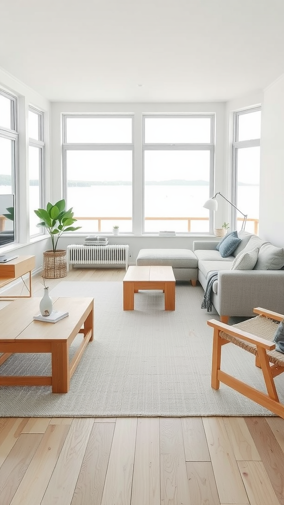 A bright and airy Scandinavian-style living room with large windows overlooking a lake.