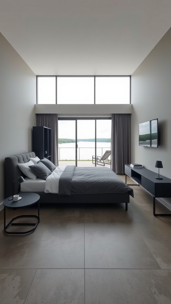 A modern lake house bedroom with large windows, gray bedding, and minimalist furniture.