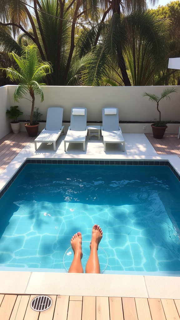 Feet dangling in a small pool with a sun shelf surrounded by plants and a modern outdoor setting.