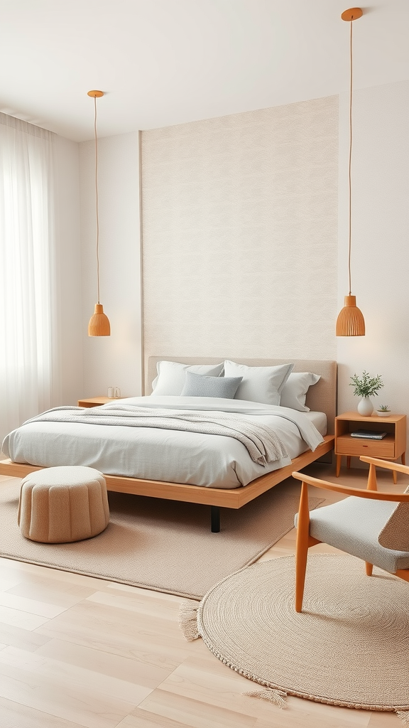 A modern bedroom featuring soft neutral tones with a low bed, pendant lights, and cozy decor.