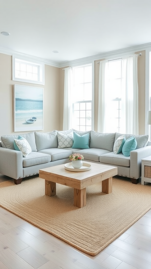 Coastal living room with gray sectional sofa, wooden coffee table, and natural light