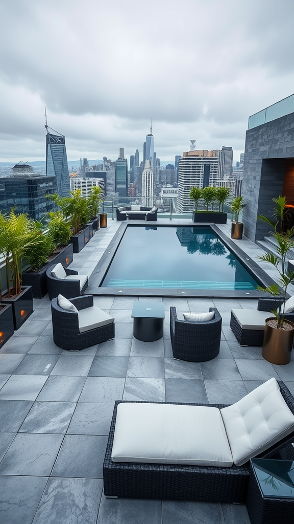 An urban rooftop pool deck with lounge chairs, a swimming pool, and a city skyline view.