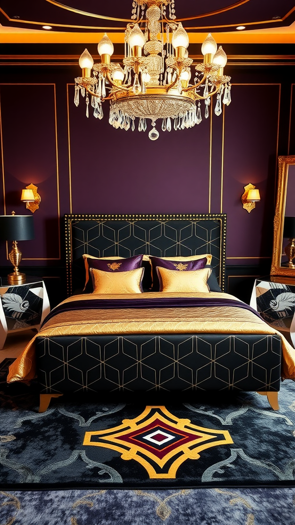 Art Deco glam bedroom featuring a luxurious bed, ornate chandelier, and stylish decor