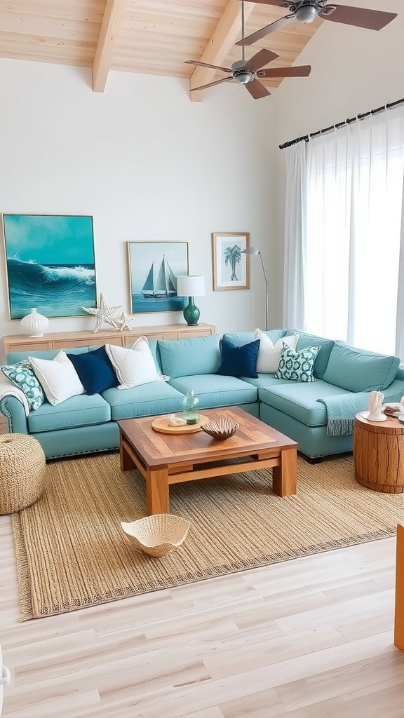 A bright living room featuring a light blue sofa, wooden coffee table, and coastal-themed decor.