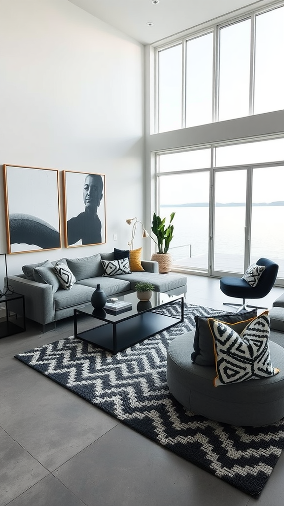 Contemporary lakeside living room with large windows, gray furniture, and a water view.