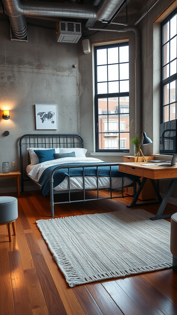 A cozy urban loft dorm room with a bed, desk, and large windows.