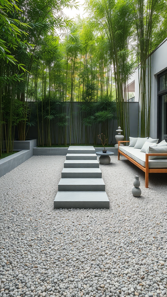 Gravel patio with floating steps, bamboo plants, and modern outdoor furniture.