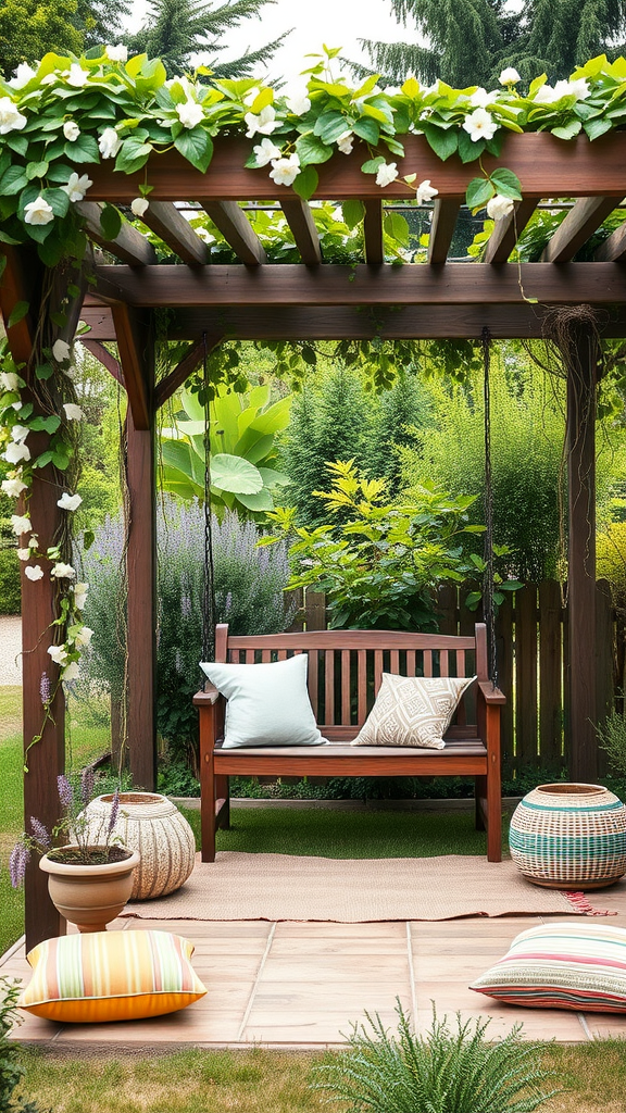 A cozy hippie garden featuring a wooden bench under a flower-adorned pergola, surrounded by colorful cushions and greenery.