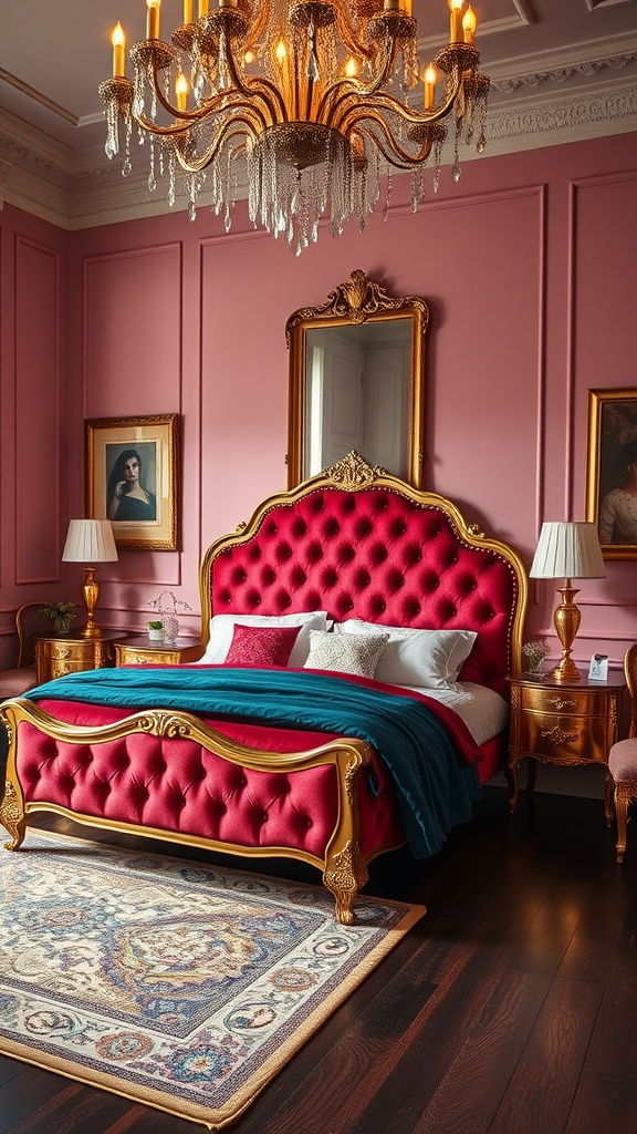 A modern vintage glamour bedroom with a red tufted bed, pink walls, a crystal chandelier, and vintage artwork.