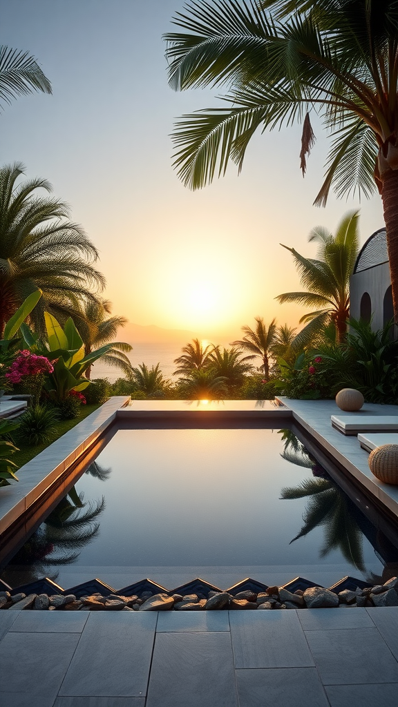 A modern pool surrounded by lush greenery and a stone border at sunset.