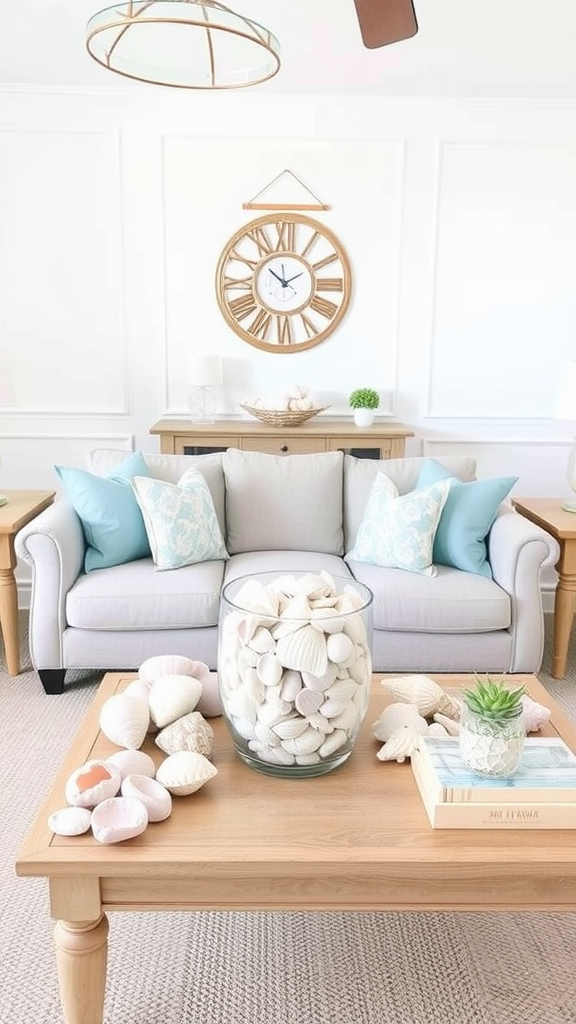 A neutral coastal living room featuring a beige sofa with turquoise pillows and a coffee table with a glass vase filled with seashells.