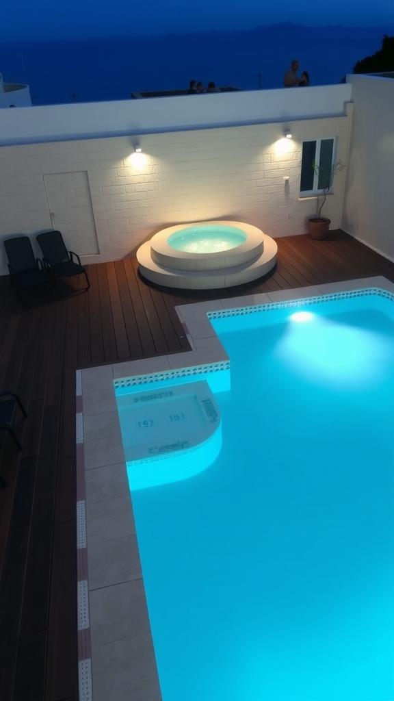 Small pool with a raised spa area, illuminated at night.