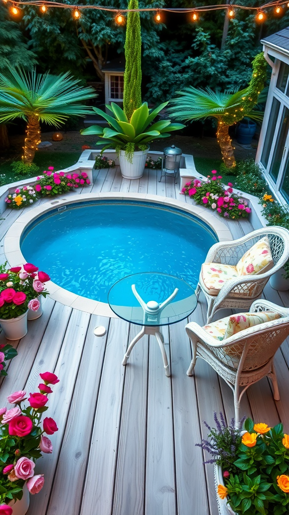 A tranquil garden pool deck featuring a small pool, colorful flowers, and cozy seating surrounded by palm trees and string lights.