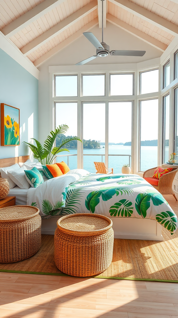 A bright and inviting lake house bedroom with tropical palm leaf bedding, large windows, rattan furniture, and a view of the lake.