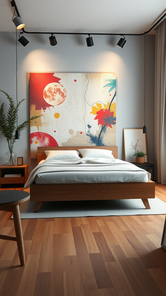 A modern bedroom featuring a bold abstract painting above a wooden bed, with soft bedding and stylish lighting.