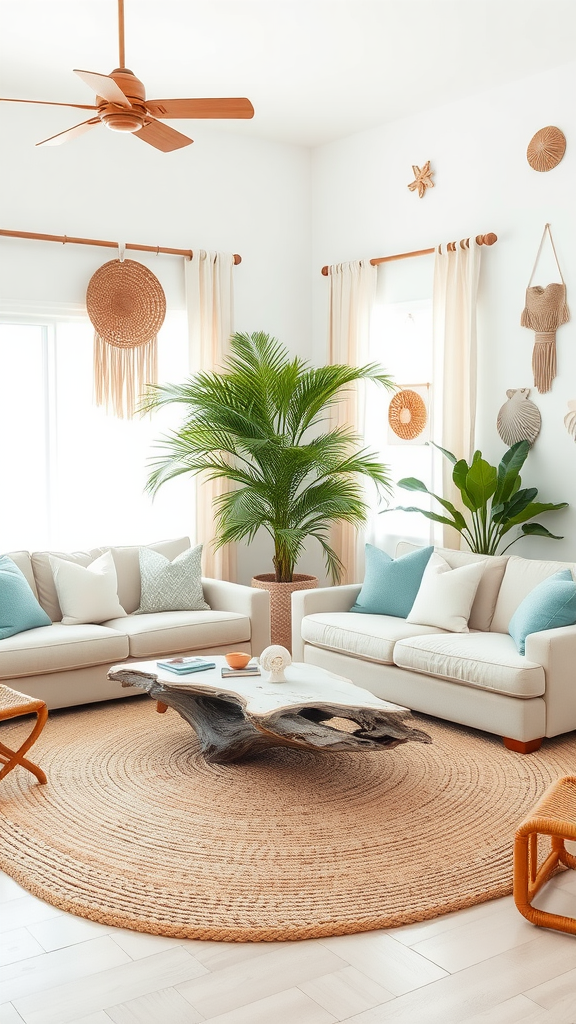 A bright living room with beige sofas, a round jute rug, a wood coffee table, and green plants, styled in a Boho coastal theme.