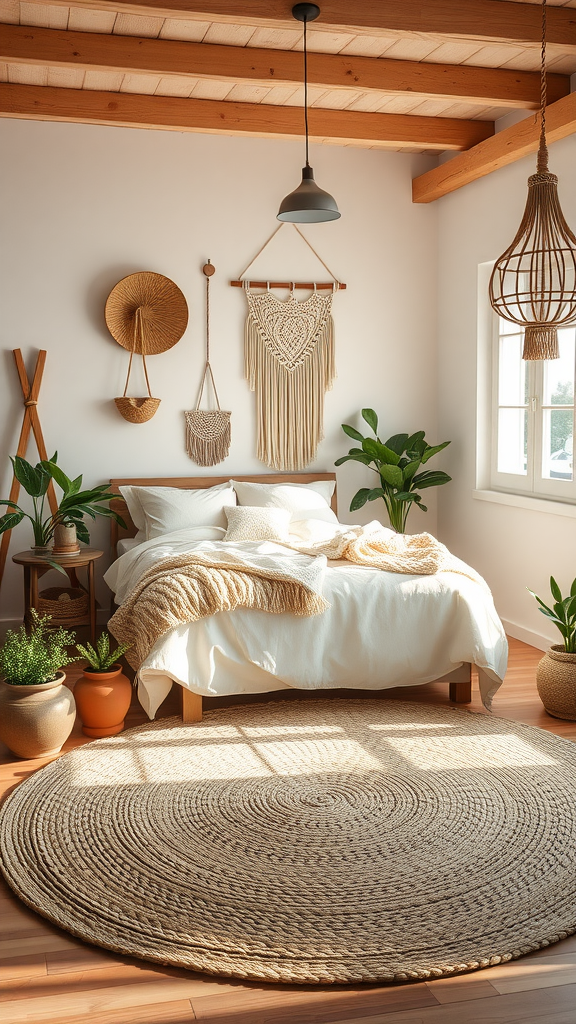 A cozy coastal boho bedroom featuring a bed with white linens, macramé wall art, potted plants, and a jute rug.