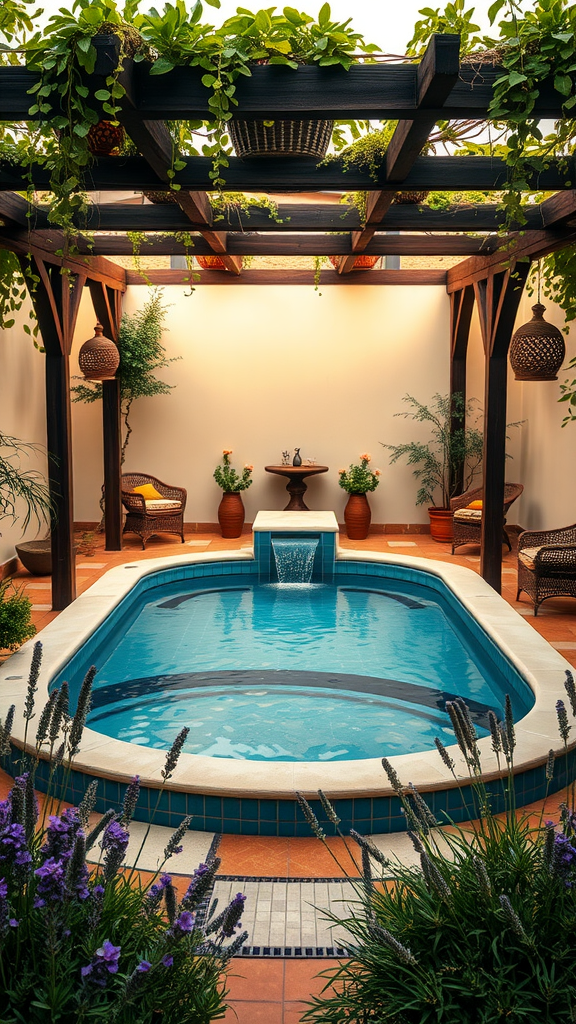 Cozy backyard pool with a pergola surrounded by plants and comfortable seating areas.